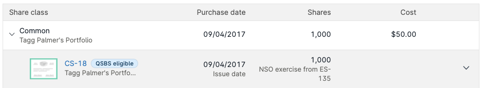 A table shows a common share with a 09/04/2017 issue date and a "QSBS eligible" tag. The table also includes share class, purchase date, shares, and cost.